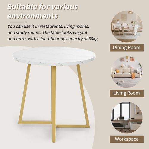 Table à Manger Ronde - Design Moderne - Plateau Effet Marbre - Piètement Métal Doré - Mdf Blanc Doré