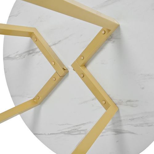 Table à Manger Ronde - Design Moderne - Plateau Effet Marbre - Piètement Métal Doré - Mdf Blanc Doré