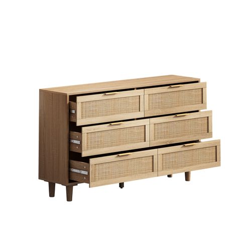 Commode Bohème Chic En Rotin 6 Tiroirs - Meuble De Rangement Élégant Pour Chambre Ou Salon - Naturel