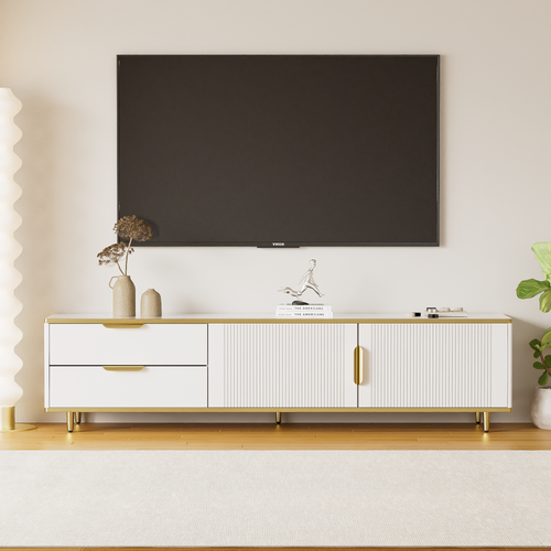 Meuble TV Blanc 175 Cm Avec 2 Portes Et 2 Tiroirs, Pieds Dorés, Design Contemporain