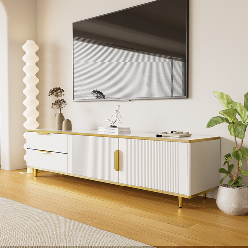Meuble TV Blanc 175 Cm Avec 2 Portes Et 2 Tiroirs, Pieds Dorés, Design Contemporain