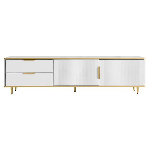 Meuble TV Blanc 175 Cm Avec 2 Portes Et 2 Tiroirs, Pieds Dorés, Design Contemporain