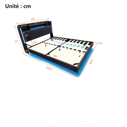 Lit Double 160x200 Cm - Espace De Rangement - Éclairage LED - Port USB - Lin - Gris