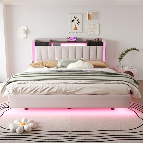 Lit Double 160x200 Cm - Coffre De Rangement - Port USB - LED Intégrée - Lin - Beige