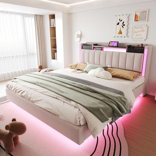 Lit Double 160x200 Cm - Coffre De Rangement - Port USB - LED Intégrée - Lin - Beige