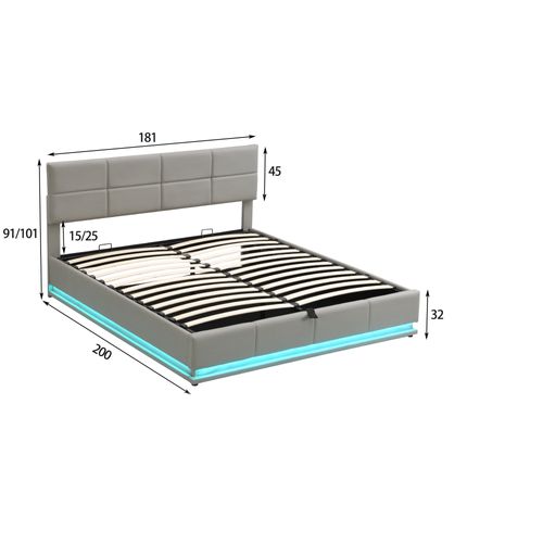 Lit Coffre 180×200 Cm - Éclairage LED -rangement Pratique -lit Hydraulique - Simili - Gris Clair