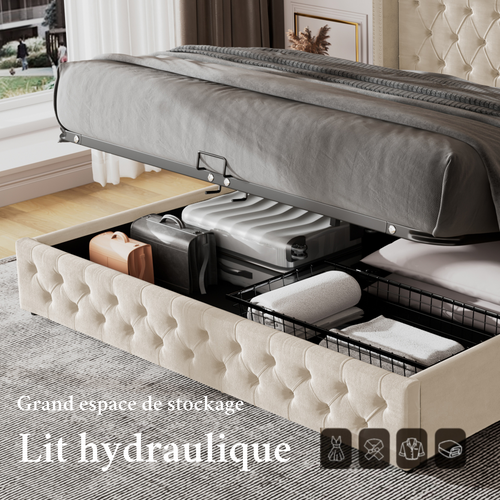 Lit Coffre Double 140x190 Cm - Ouverture Hydraulique - Espace De Rangement - Velours - Beige