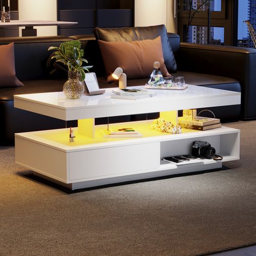 Table Basse LED Avec Plateaux En Verre, 2 Tiroirs Et Niches, Mdf, Blanc, 95×50×42,5 Cm
