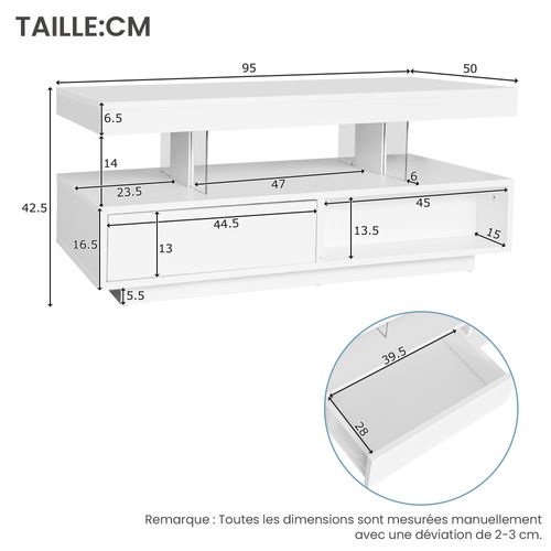 Table Basse LED Avec Plateaux En Verre, 2 Tiroirs Et Niches, Mdf, Blanc, 95×50×42,5 Cm