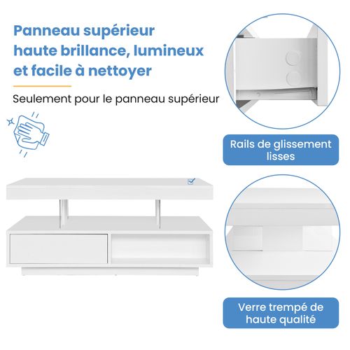 Table Basse LED Avec Plateaux En Verre, 2 Tiroirs Et Niches, Mdf, Blanc, 95×50×42,5 Cm