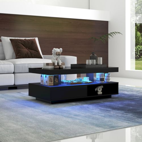 Table Basse Design Moderne Avec LED, Plateaux En Verre Et Rangements, Noir Brillant, 95×50×42,5 Cm