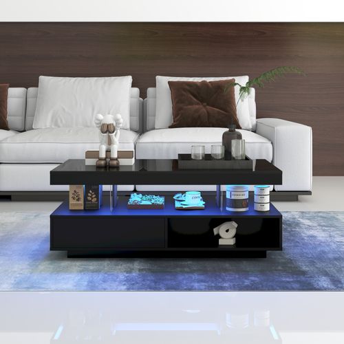 Table Basse Design Moderne Avec LED, Plateaux En Verre Et Rangements, Noir Brillant, 95×50×42,5 Cm