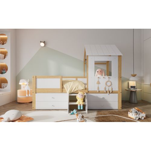 Lit Enfant 90x200 Cm - Cabane Mi-hauteur - Toit Et Barrières - 2 Tiroirs - Bois - Blanc/naturel