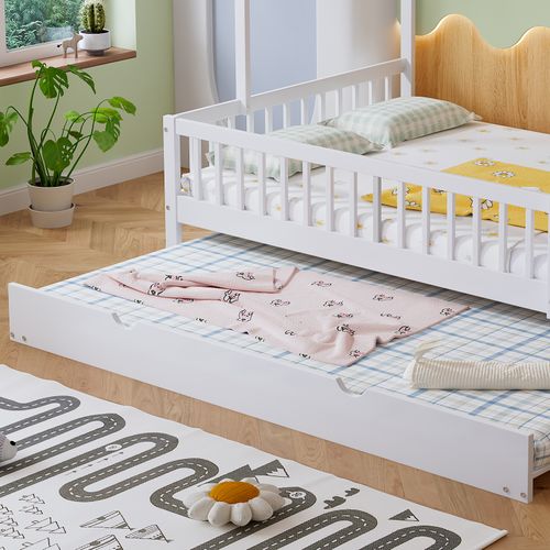 Lit Gigogne 120x200 Cm - Cabane Enfant - Tiroirs Rangement - Toit Cheminée - Pin Mdf - Blanc