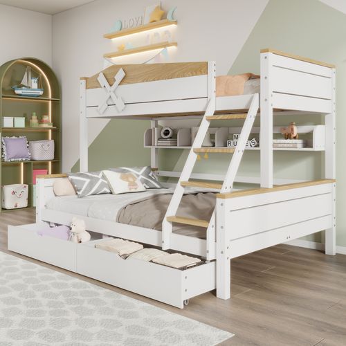 Lit Superposé 90x200 Cm Et 140x200 Cm, Filet Anti-chute , Étagères, Échelle Et Tiroir, Blanc+naturel