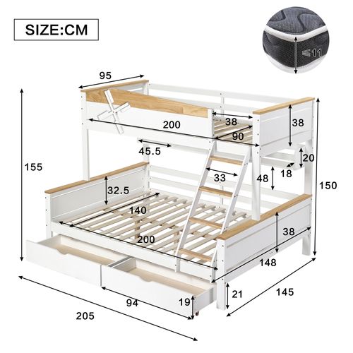 Lit Superposé 90x200 Cm Et 140x200 Cm, Filet Anti-chute , Étagères, Échelle Et Tiroir, Blanc+naturel