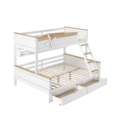 Lit Superposé 90x200 Cm Et 140x200 Cm, Filet Anti-chute , Étagères, Échelle Et Tiroir, Blanc+naturel