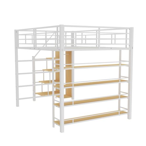 Lit Mezzanine 140x200 Cm - Lit Double Avec Rangement - Escalier Sécurité - Mdf Métal - Blanc