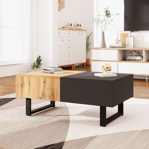 Table Basse Design Moderne - Avec Rangement Coulissant - Bois Et Métal - Noir Et Bois