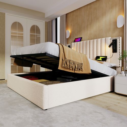 Lit Coffre 140x200 Cm - Lit Double Capitonné - Rangement - Prises USB Type-c - Coton - Beige