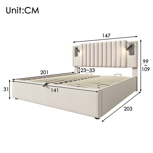 Lit Coffre 140x200 Cm - Lit Double Capitonné - Rangement - Prises USB Type-c - Coton - Beige