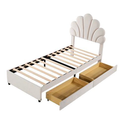 Lit Simple 90x200 Cm - Lit Enfant Fille Capitonné Avec 2 Compartiments Et Sommier - Velours Beige