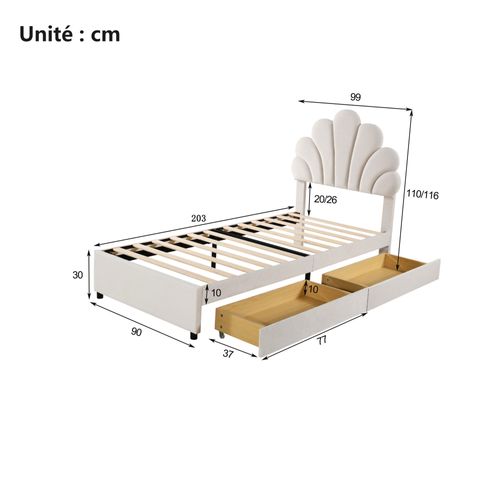Lit Simple 90x200 Cm - Lit Enfant Fille Capitonné Avec 2 Compartiments Et Sommier - Velours Beige