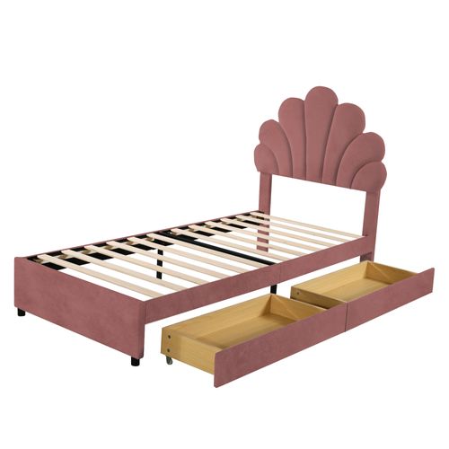 Lit Simple 90x200 Cm - Lit Enfant Fille Capitonné Avec 2 Compartiments Et Sommier - Velours Rose