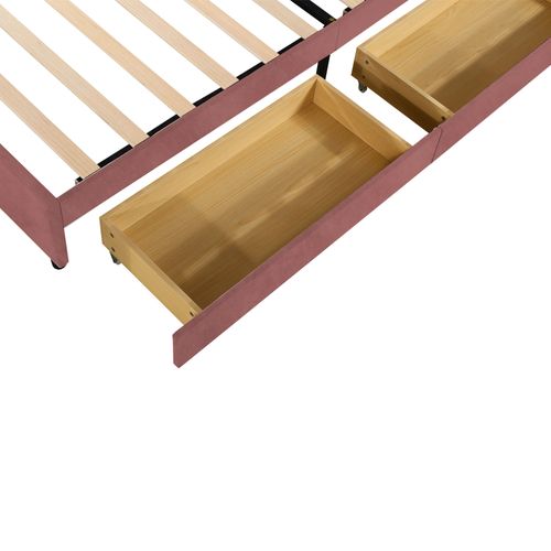 Lit Simple 90x200 Cm - Lit Enfant Fille Capitonné Avec 2 Compartiments Et Sommier - Velours Rose