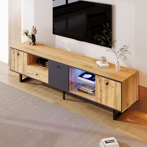 Meuble TV Bas Avec Éclairage LED Et Compartiment En Verre, Style Contemporain Gris Anthracite