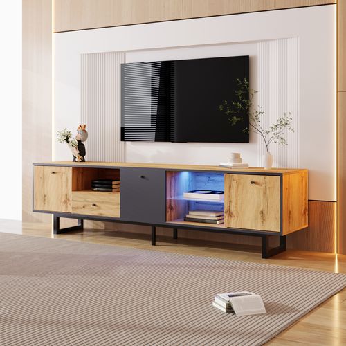 Meuble TV Bas Avec Éclairage LED Et Compartiment En Verre, Style Contemporain Gris Anthracite