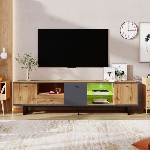 Meuble TV Bas Avec Éclairage LED Et Compartiment En Verre, Style Contemporain Gris Anthracite