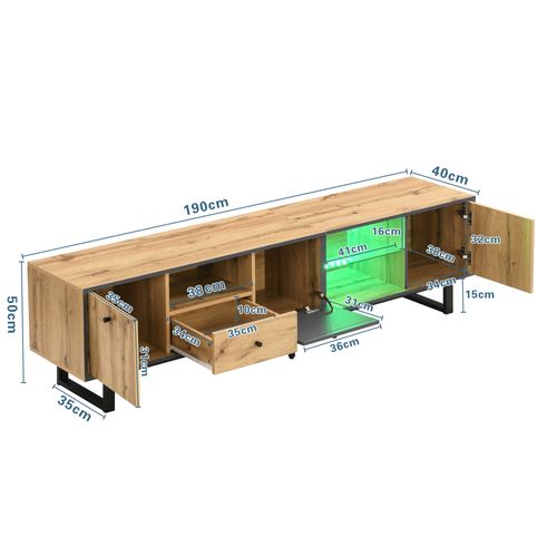 Meuble TV Bas Avec Éclairage LED Et Compartiment En Verre, Style Contemporain Gris Anthracite