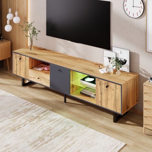 Meuble TV Bas Avec Éclairage LED Et Compartiment En Verre, Style Contemporain Gris Anthracite