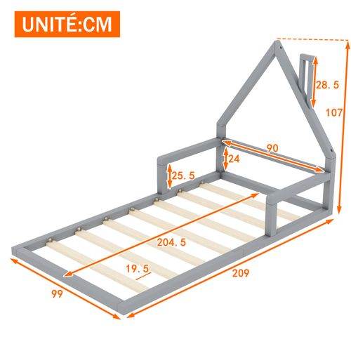 Lit Enfant 90x200 Cm - Lit Simple Cabane - Bois Massif Mdf Durable - Montage Requis - Gris