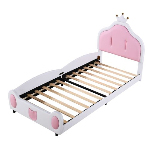 Lit Enfant 90x200 Cm - Tête Couronne Bicolore - Design Moderne - Simili Cuir - Blanc Rose