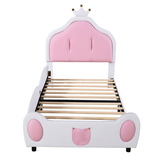 Lit Enfant 90x200 Cm - Tête Couronne Bicolore - Design Moderne - Simili Cuir - Blanc Rose