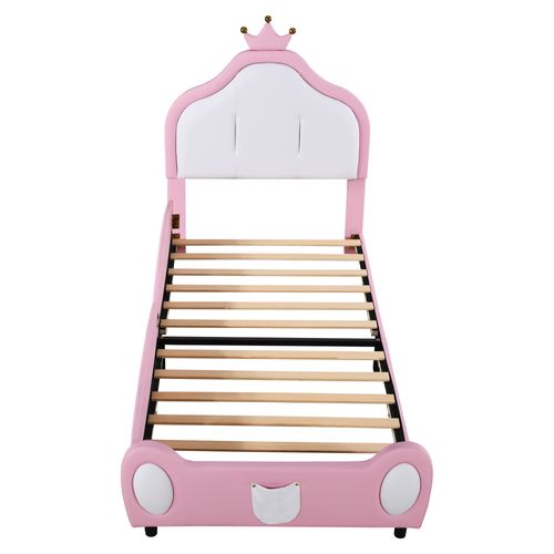 Lit Enfant 90x200 Cm - Tête De Lit Couronne - Style Chambre Enfant - Simili Cuir - Rose
