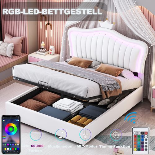 Lit Coffre 140x200 Cm - Lit Enfant Capitonné Avec LED Et Rangement Hydraulique - Pu/mdf - Blanc