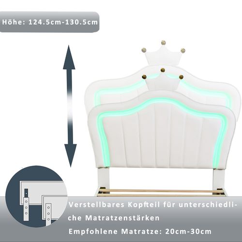 Lit Simple 90x200 Cm - Lit Enfant Capitonné Avec LED, 2 Tiroirs Et Couronne Design - Blanc