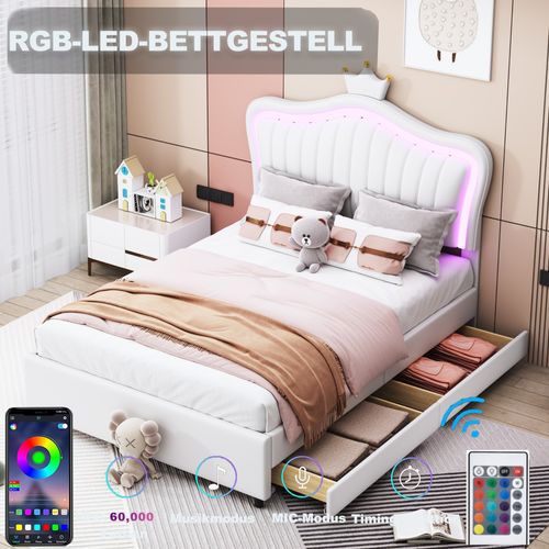 Lit Simple 90x200 Cm - Lit Enfant Capitonné Avec LED, 2 Tiroirs Et Couronne Design - Blanc