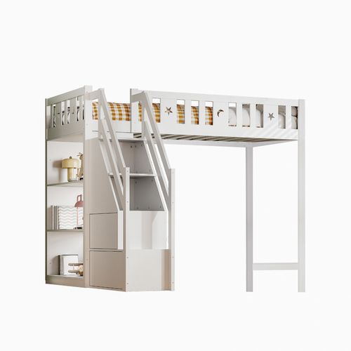 Lit Mezzanine 90x200 Cm - Combiné Avec Rangement Et Bibliothèque Intégrée - Bois Et Mdf - Blanc