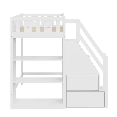 Lit Mezzanine 90x200 Cm - Combiné Avec Rangement Et Bibliothèque Intégrée - Bois Et Mdf - Blanc