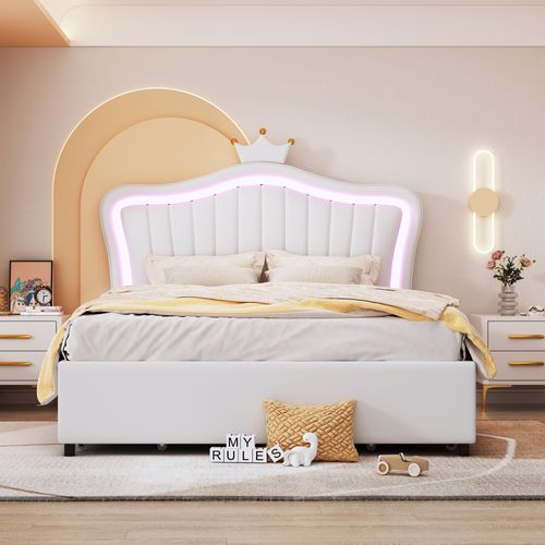 Lit Double 140x200 Cm - Lit Enfant Capitonné Avec LED Et Tiroirs De Rangement - Pu/mdf - Blanc