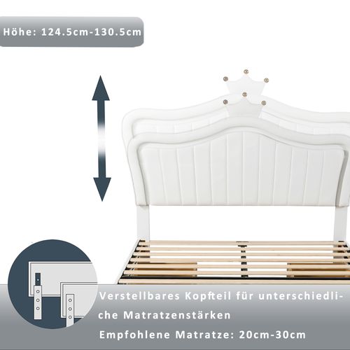 Lit Double 140x200 Cm - Lit Enfant Capitonné Avec LED Et Tiroirs De Rangement - Pu/mdf - Blanc