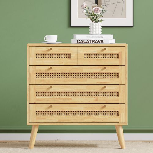 Commode Moderne - 3 Tiroirs - Cannage - Meuble De Rangement Pour Salon Ou Chambre - Bois Naturel