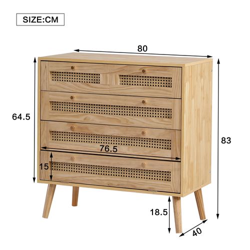 Commode Moderne - 3 Tiroirs - Cannage - Meuble De Rangement Pour Salon Ou Chambre - Bois Naturel