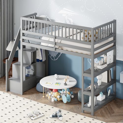 Lit Mezzanine 90x200 Cm - Lit Simple Avec Escalier - Placard Et Étagères - Bois Mdf - Gris