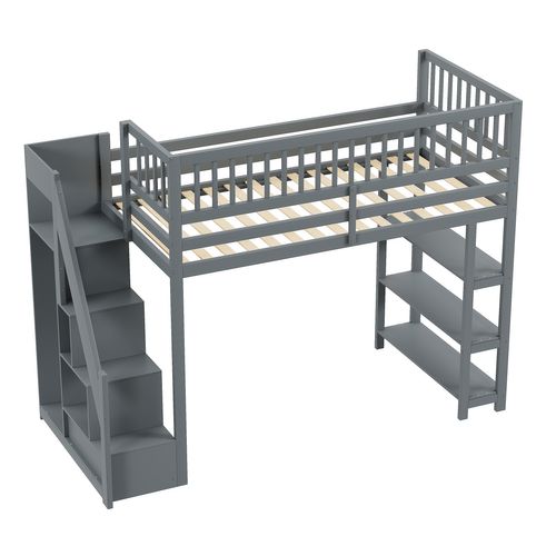 Lit Mezzanine 90x200 Cm - Lit Simple Avec Escalier - Placard Et Étagères - Bois Mdf - Gris