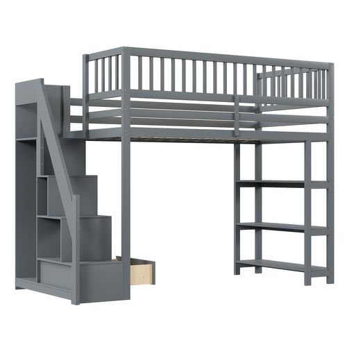 Lit Mezzanine 90x200 Cm - Lit Simple Avec Escalier - Placard Et Étagères - Bois Mdf - Gris